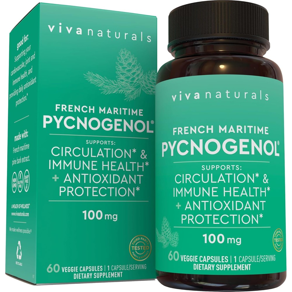Viva Naturals Pycnogenol 100mg 60 veggie capsules front bottle view for antioxidant support.