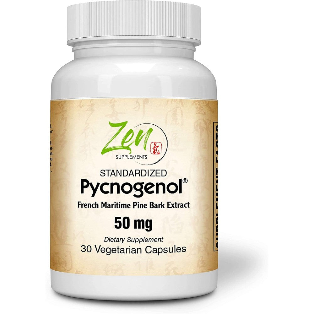 Zen Supplements French Marine Pine Bark Antioxidant 50mg bottle front view for premium health protection.