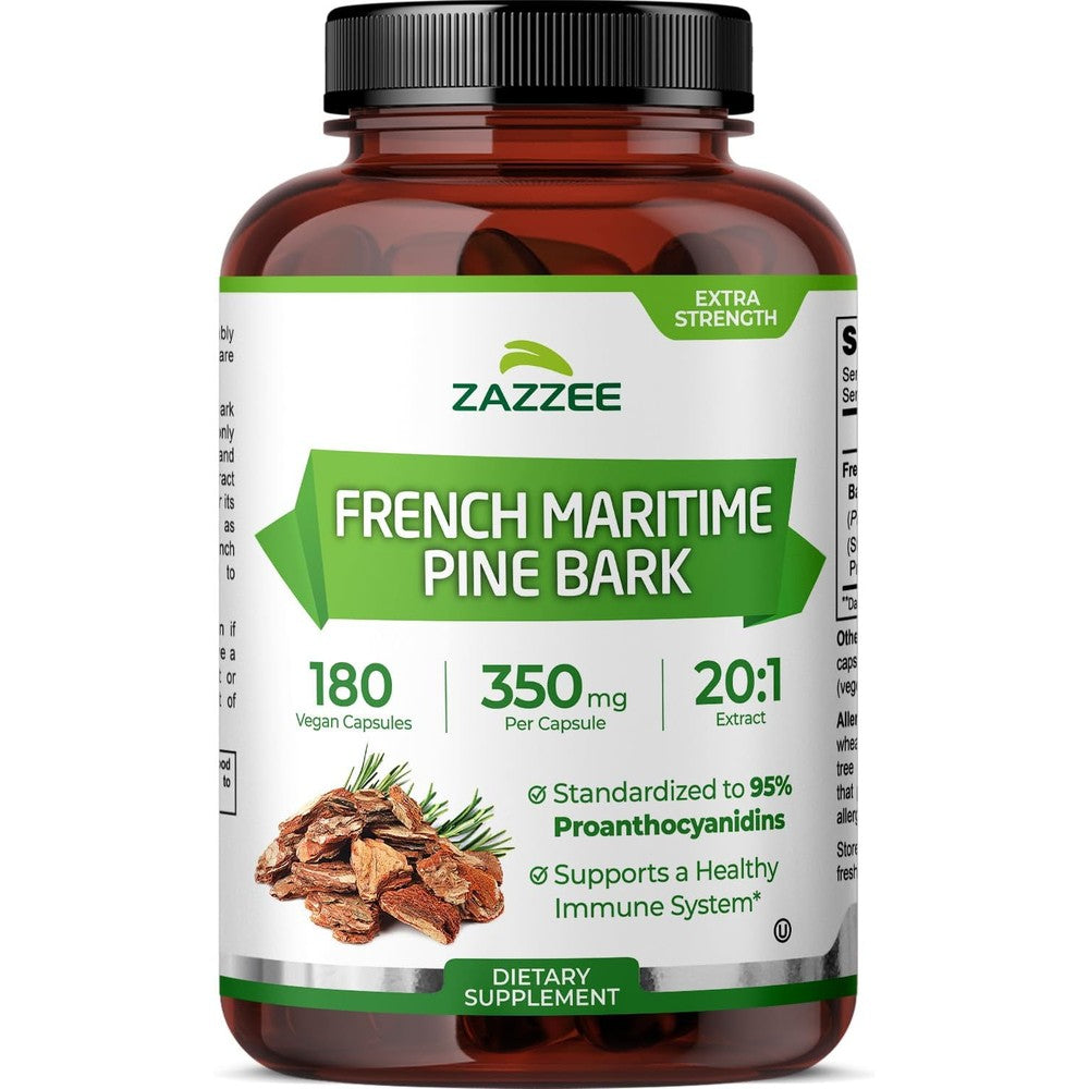 Zazzee Extra Strength French Maritime Pine Bark Extract front view bottle of antioxidant supplement