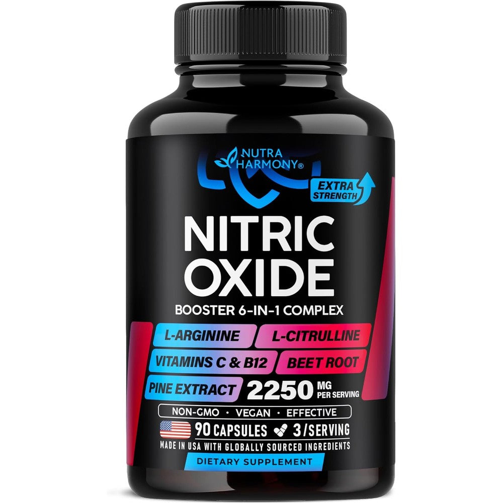 NutraHarmony Nitric Oxide Supplement 90 capsules front bottle view