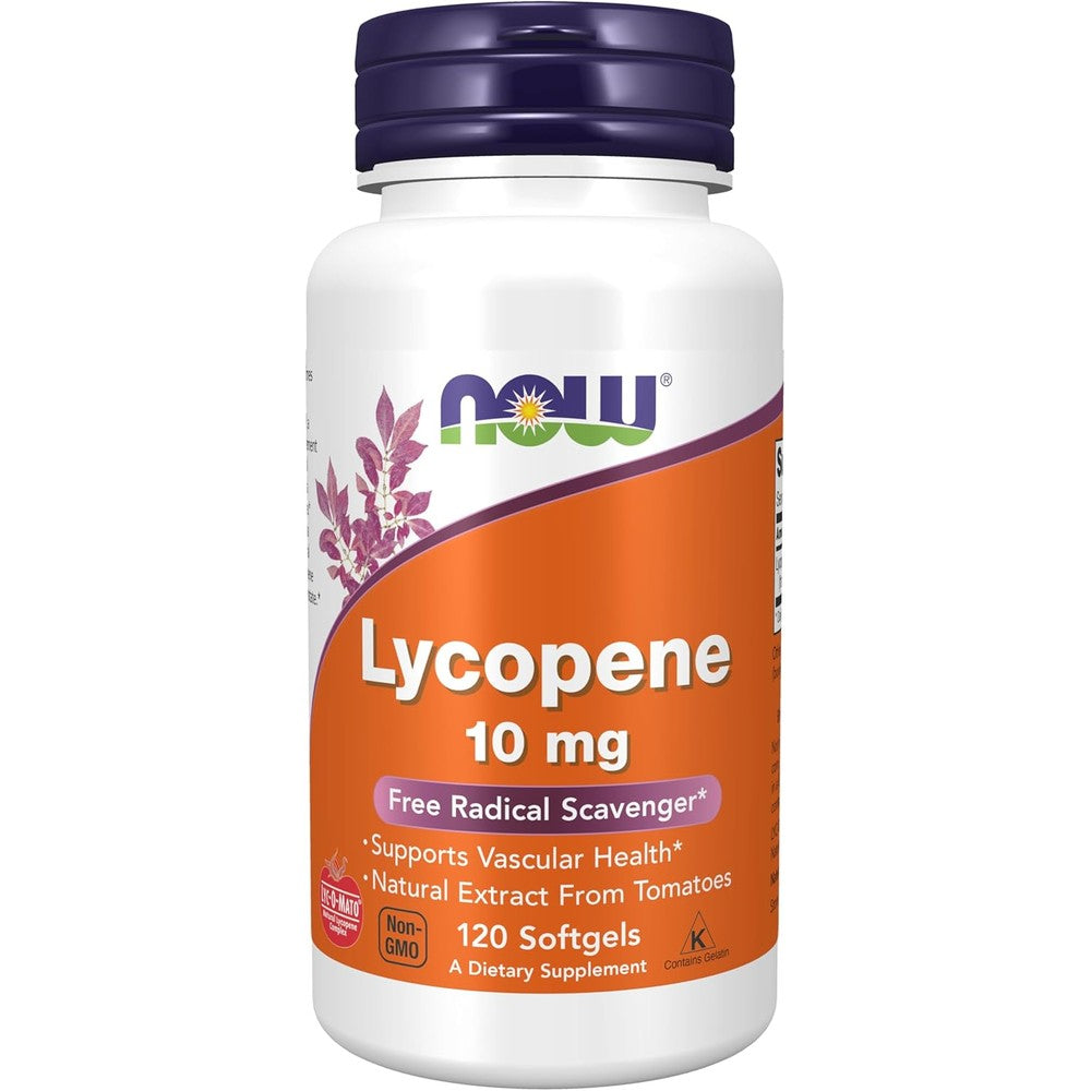 NOW Foods Lycopene 10 mg front view bottle of antioxidant softgels