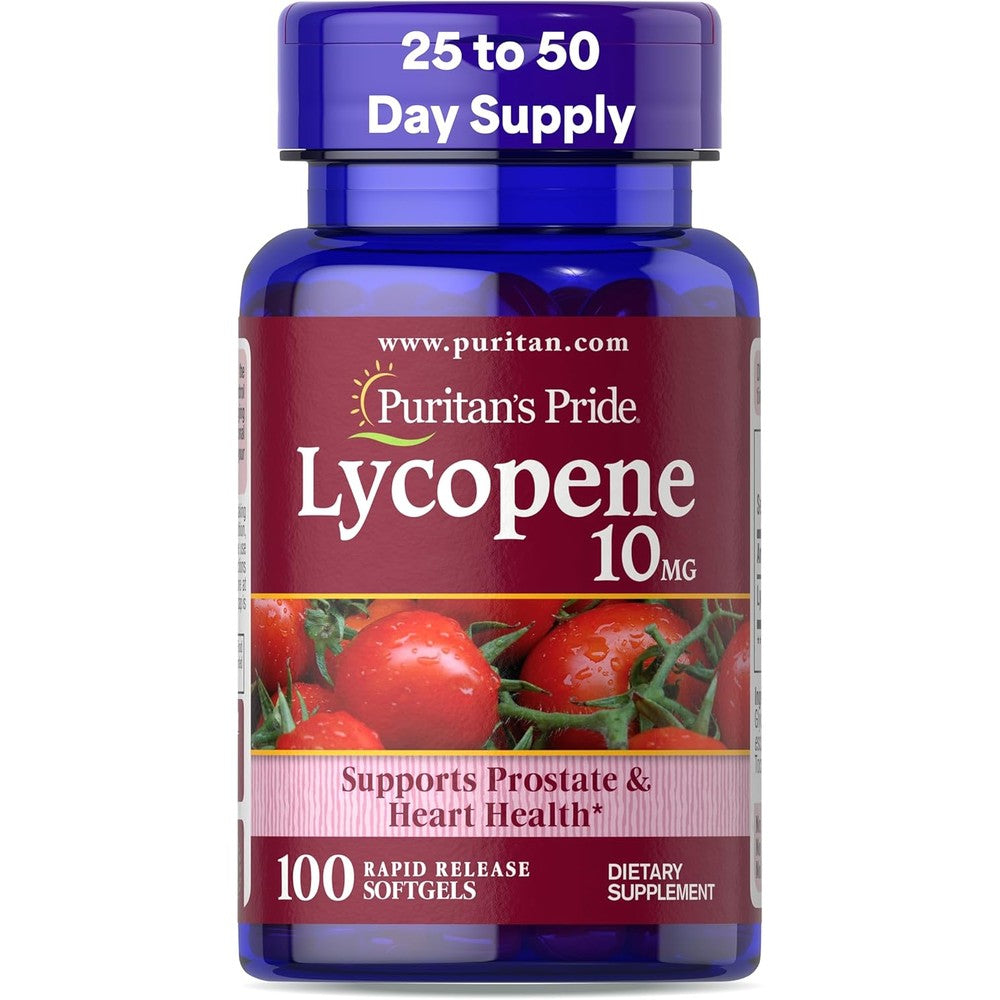 Puritan's Pride Premium Lycopene 10mg 100 softgels bottle front view for prostate health.