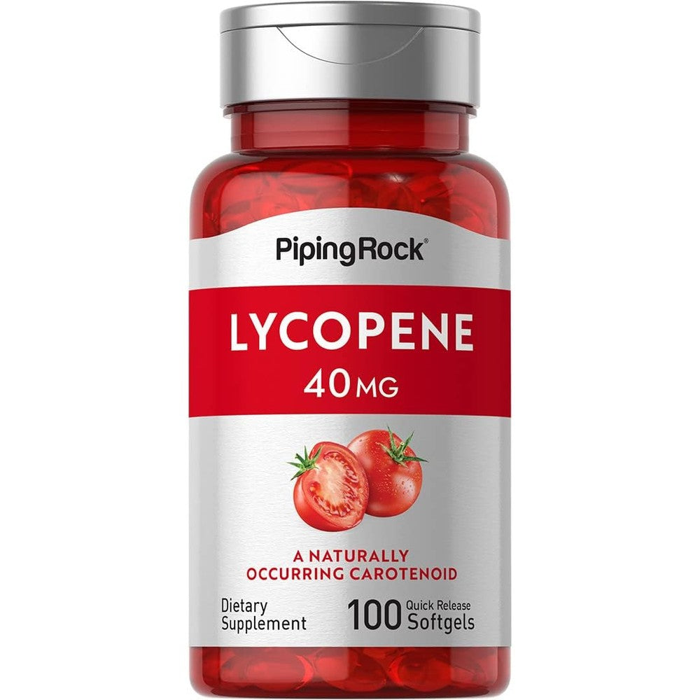 Piping Rock Lycopene 40mg 100 softgels front bottle view showing antioxidant supplement labels