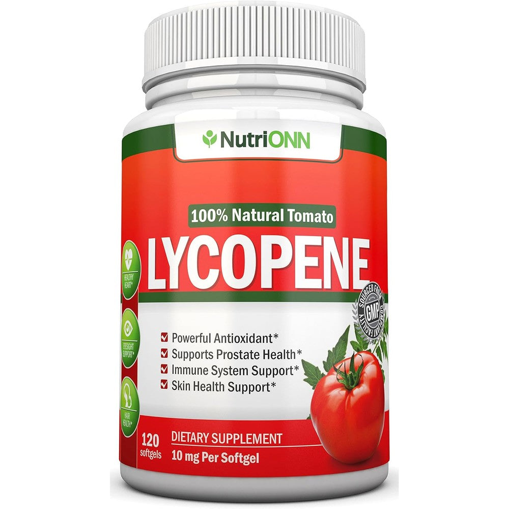 NutriONN Lycopene 10mg 120 softgels premium antioxidant supplement front view bottle