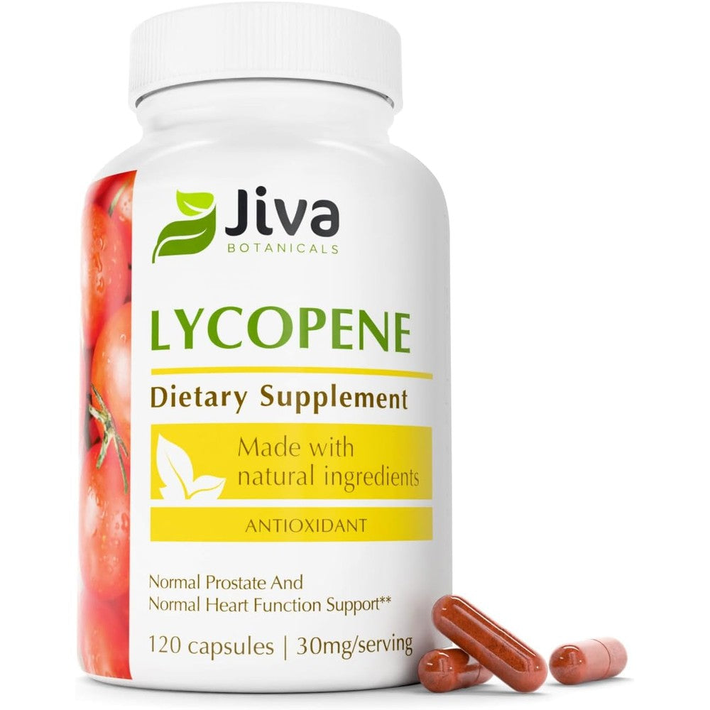 Jiva Botanicals Lycopene 30mg bottle front view showing prostate health benefits.