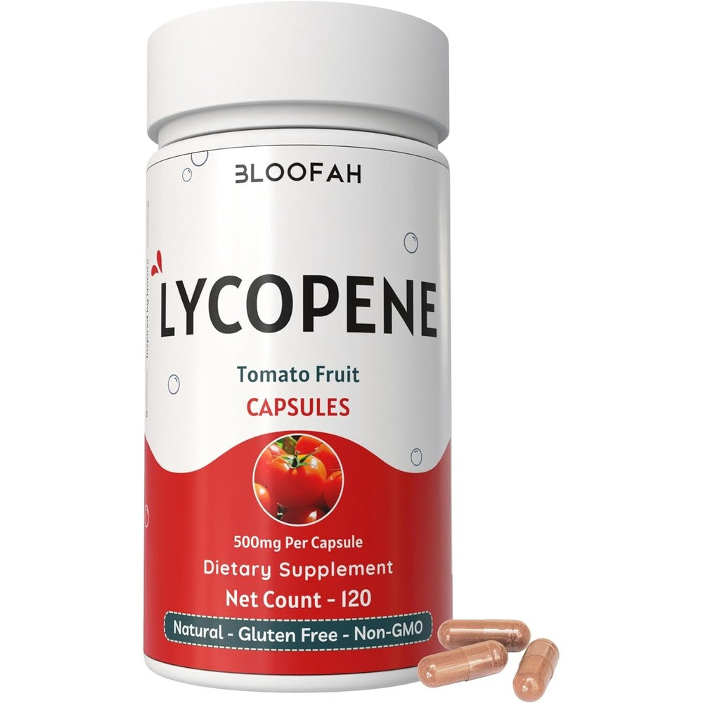 Bloofah Lycopene Supplement Capsules 120 Count front view bottle showing tomato fruit powder details.