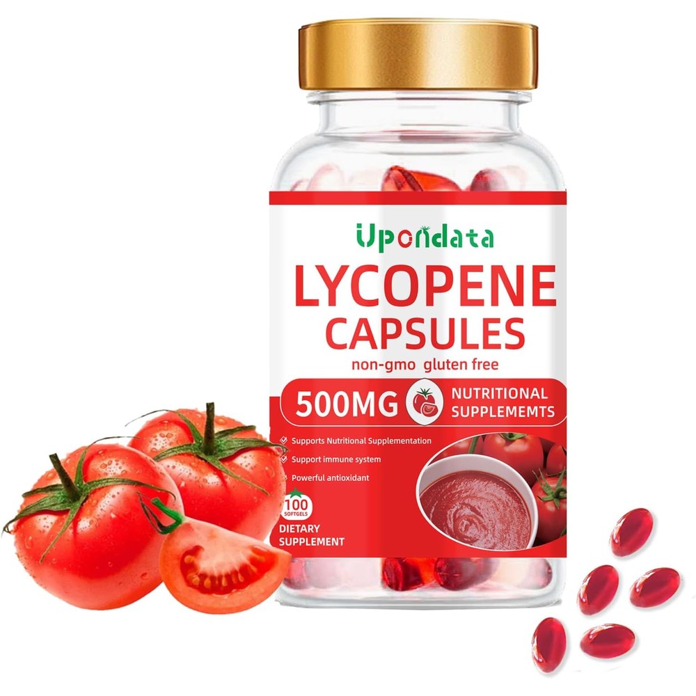 Upondata Lycopene Capsules 500mg bottle front view showing tomato extract antioxidant supplement details.