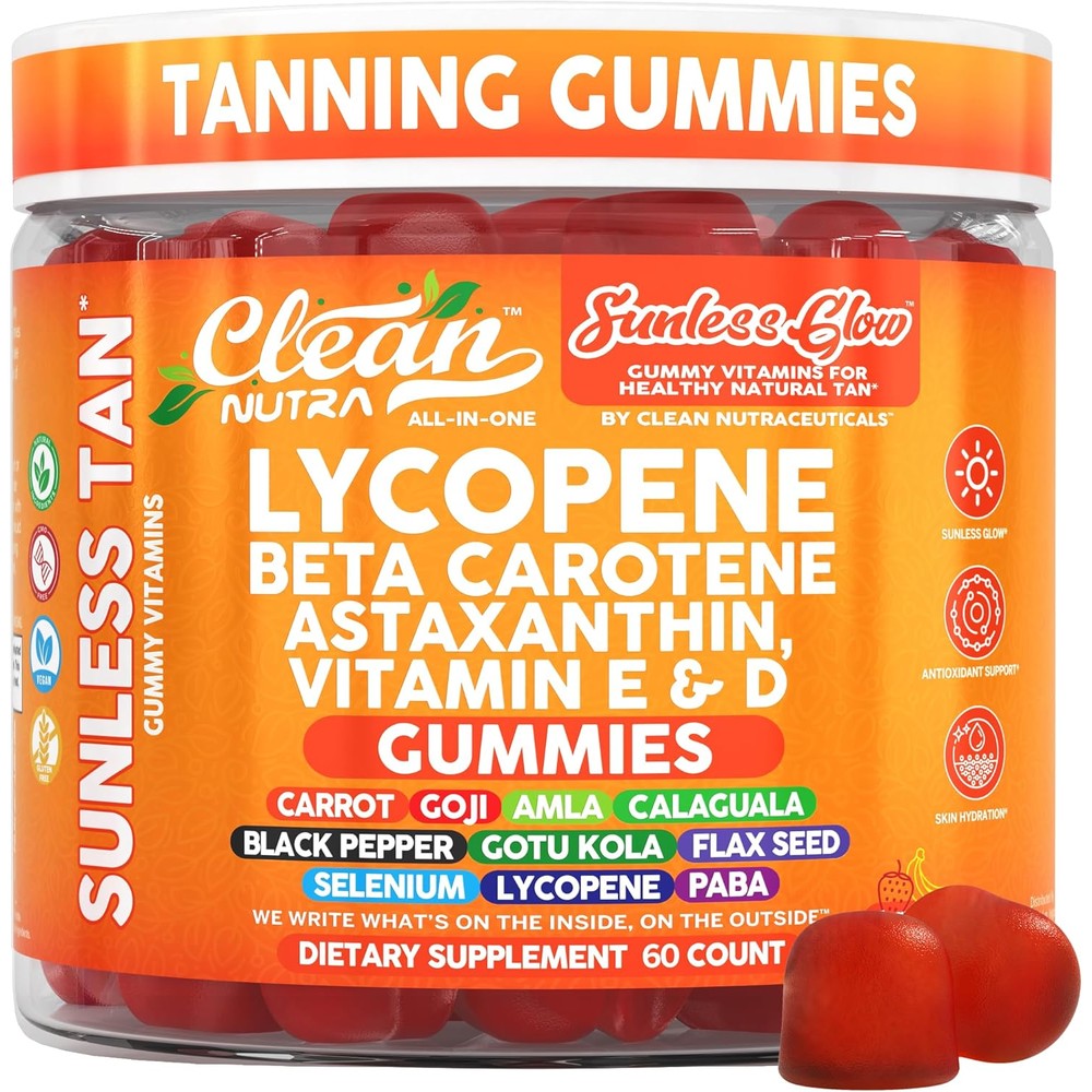 Sunless tanning gummies with beta carotene and lycopene for a natural golden glow.