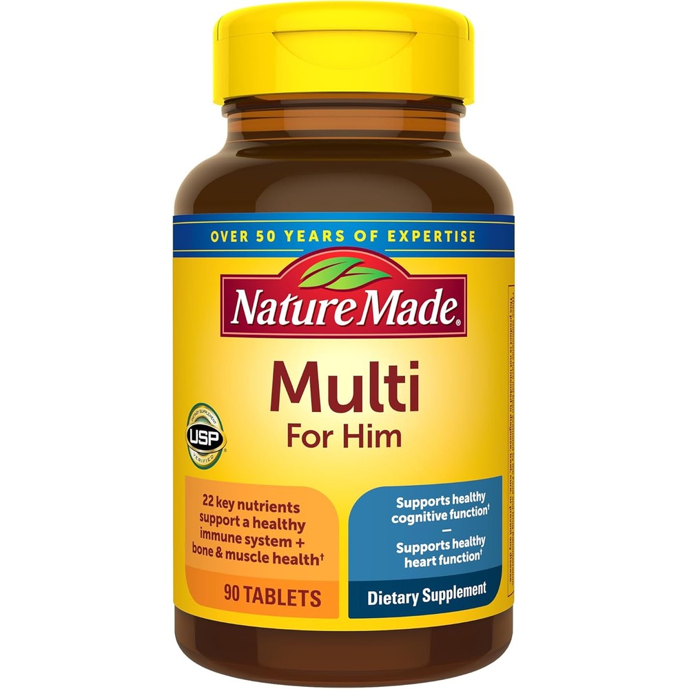 Nature Made Multivitamin for Him 90 tablets front bottle view showing men's daily nutritional supplement benefits