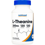 Nutricost L-Theanine 200mg Double Strength 120 Capsules front view bottle for stress relief