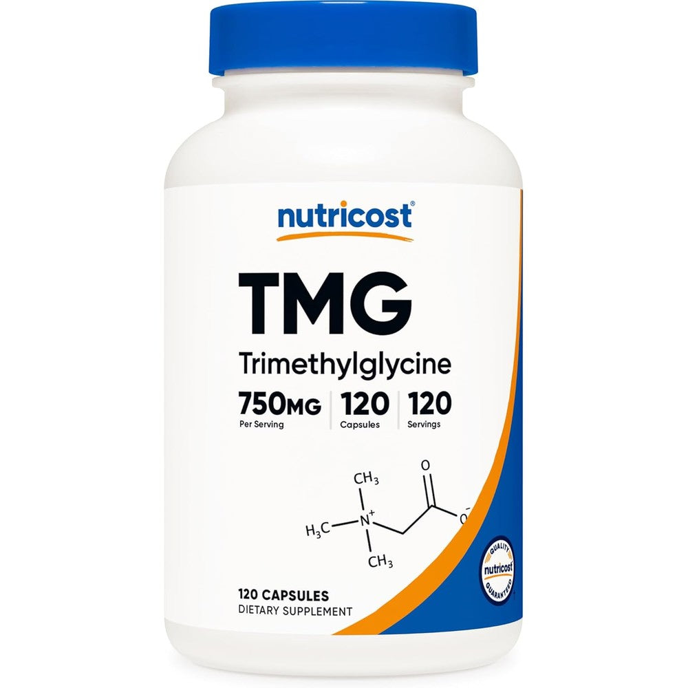 Nutricost TMG Trimethylglycine 750mg 120 Capsules front view showing the official supplement bottle packaging.