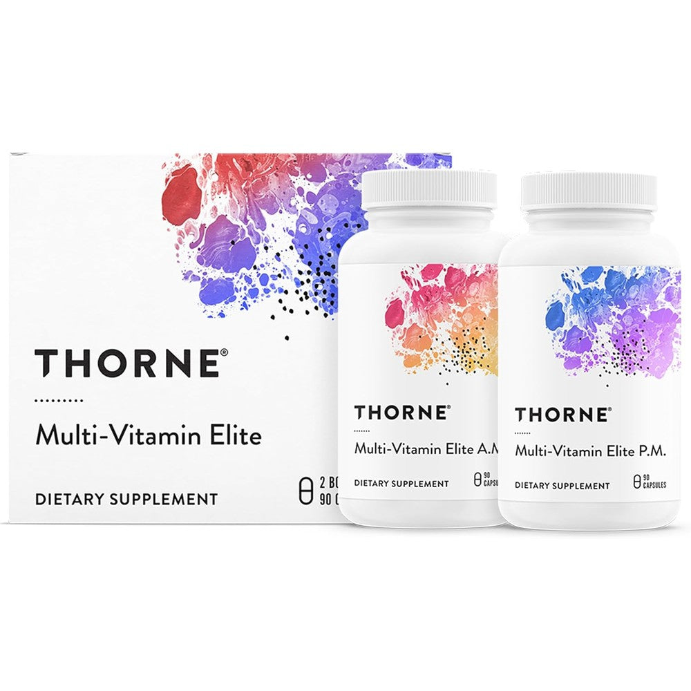 Thorne Multi Vitamin Elite front packaging view showing both AM and PM formula supplement bottles