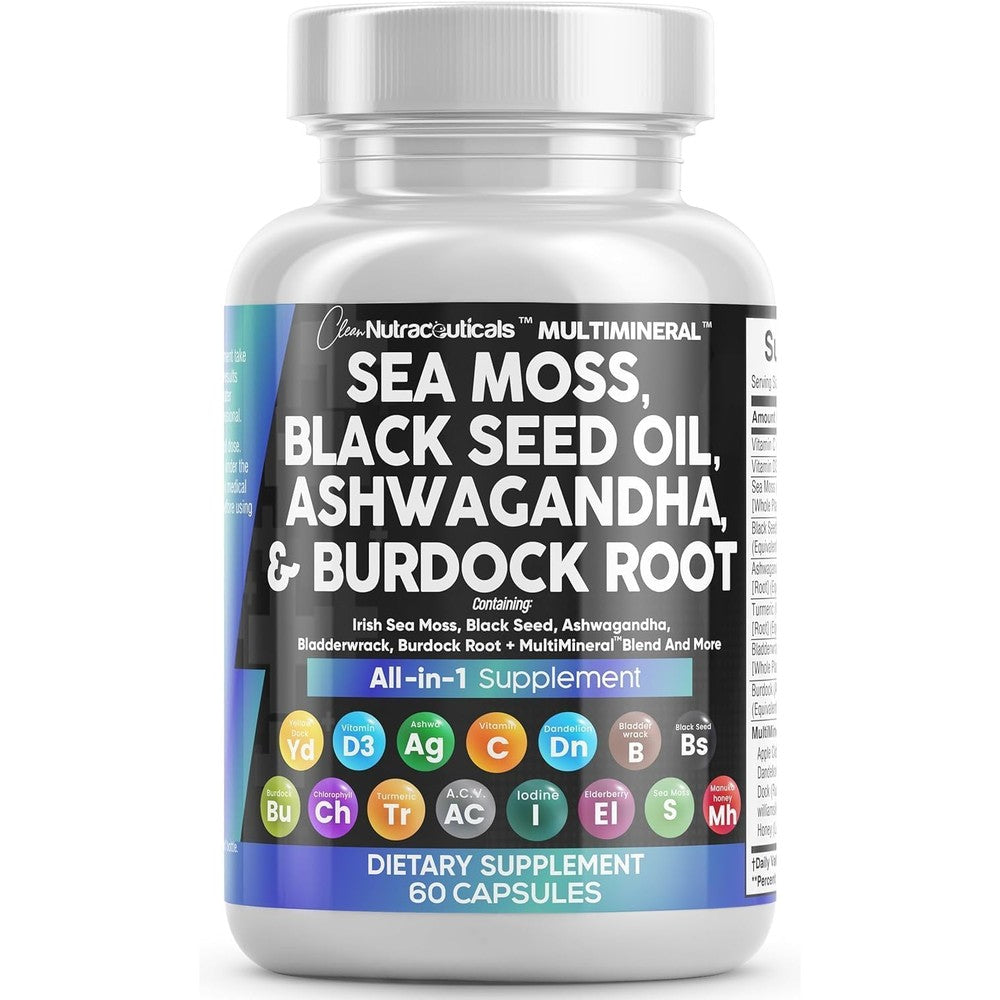 Clean Nutraceuticals sea moss and black seed oil ashwagandha supplement front bottle view