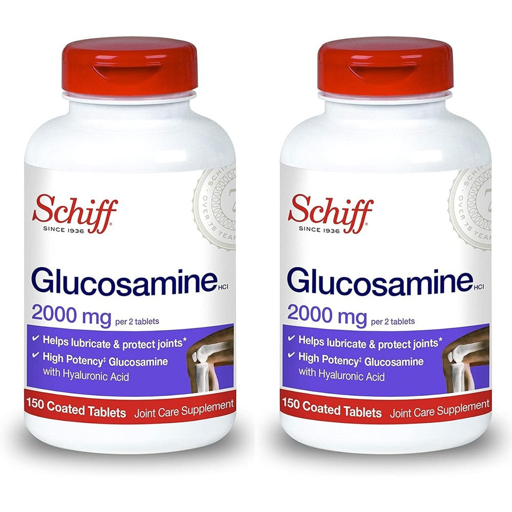 Schiff Glucosamine with Hyaluronic Acid joint care supplement front view of two bottles packaging