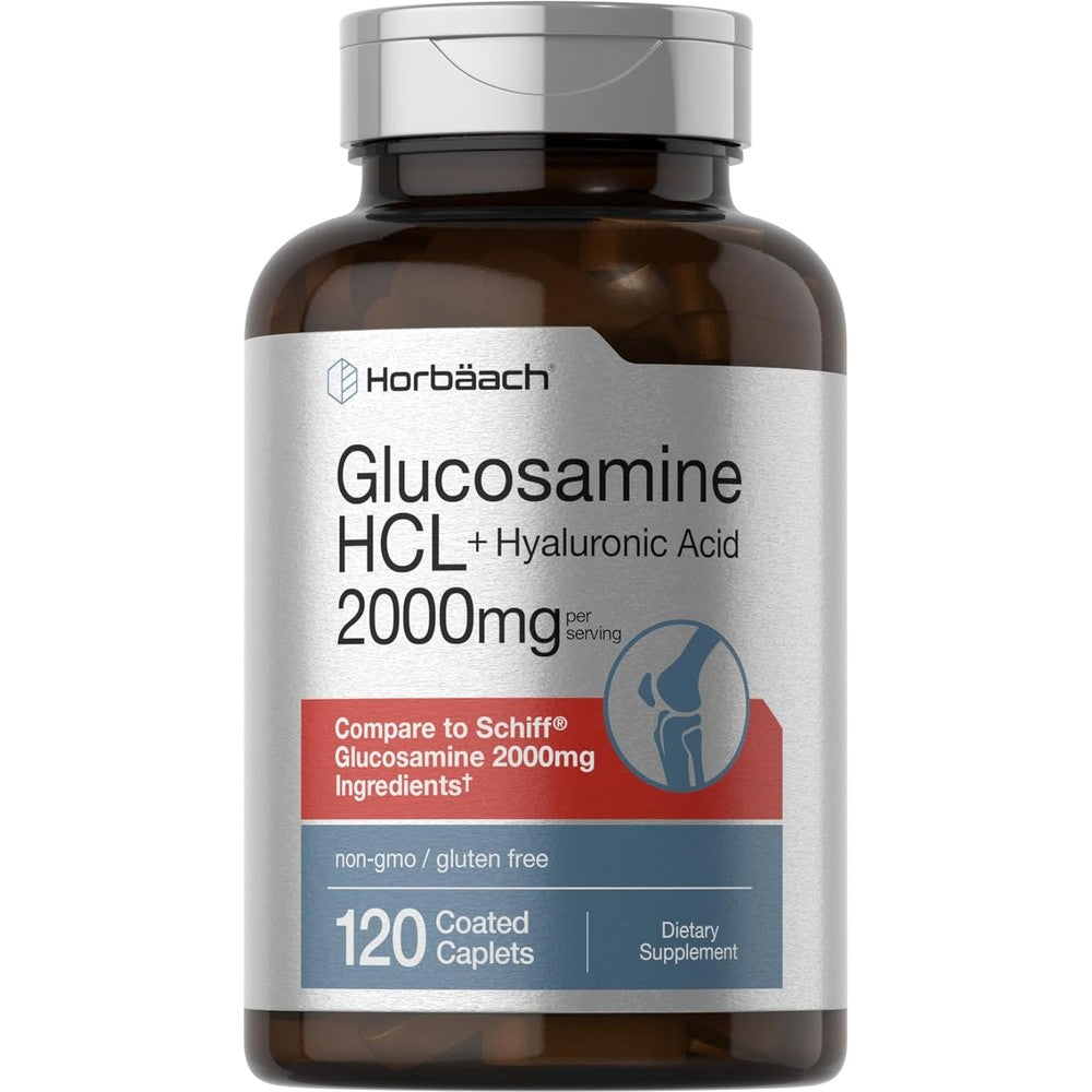 Horbäach Glucosamine HCL with Hyaluronic Acid 120 caplets front bottle view for joint health support