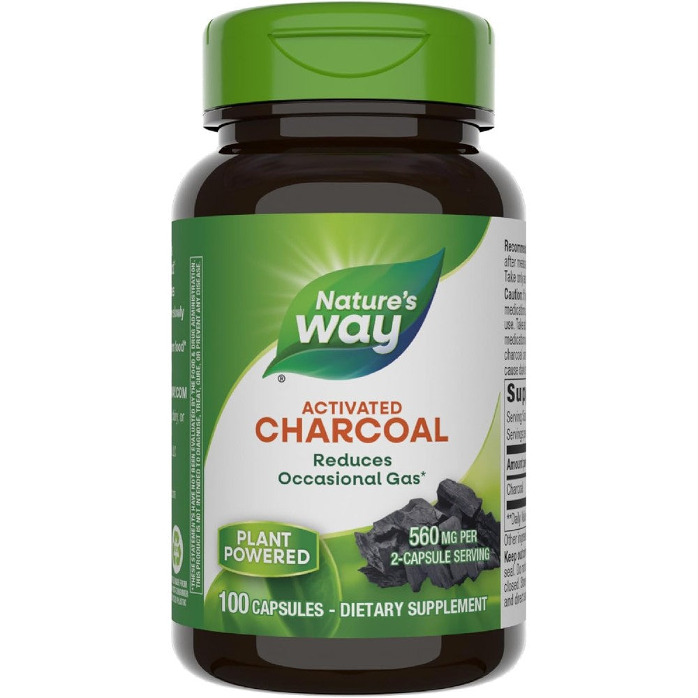 Nature's Way Activated Charcoal 100 capsules front bottle view showing 560 mg digestive supplement details.