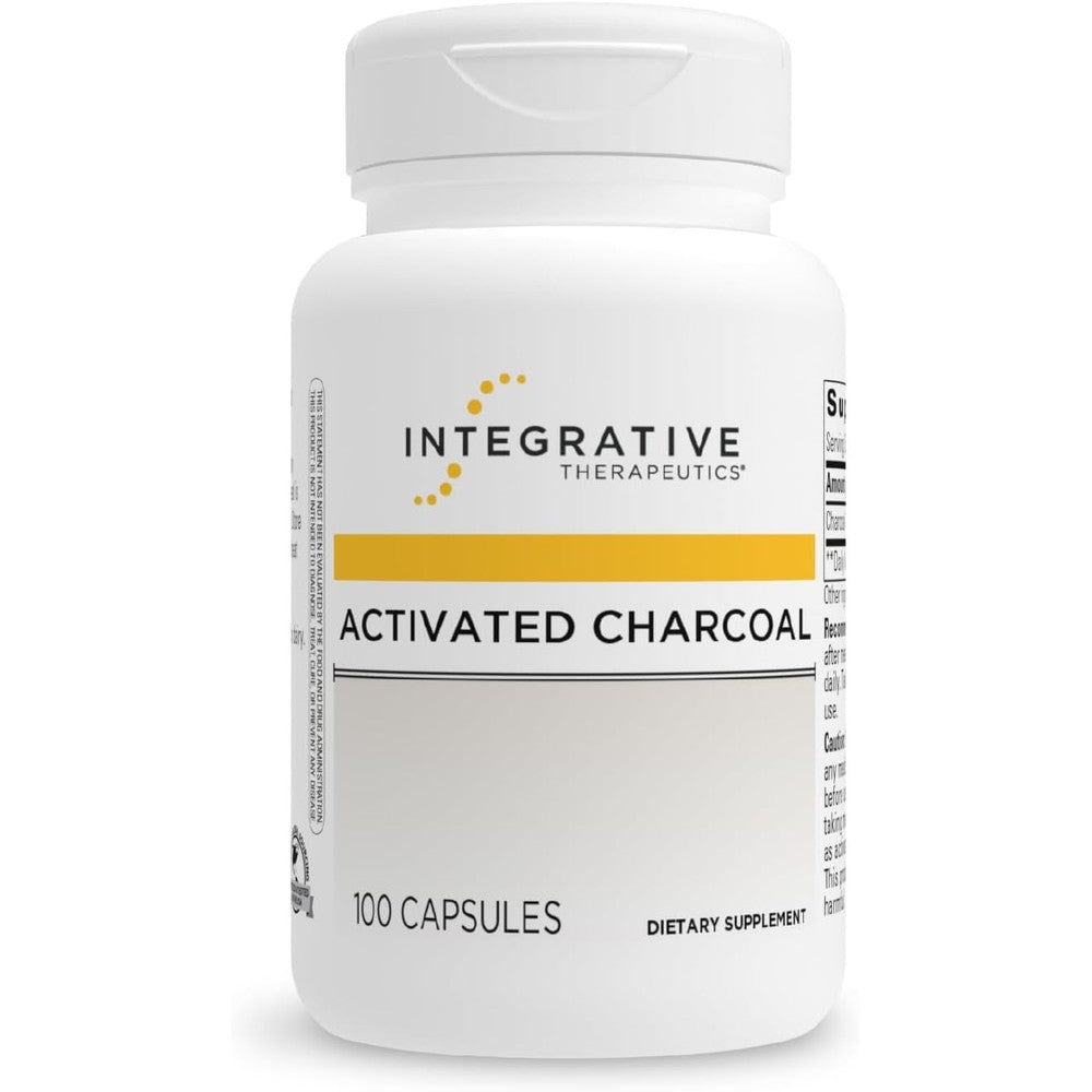 Integrative Therapeutics Activated Charcoal 100 capsules front view bottle showing white labels and brand logo.