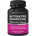 Purest Vantage Activated Charcoal 90 capsules front view bottle for bloating relief