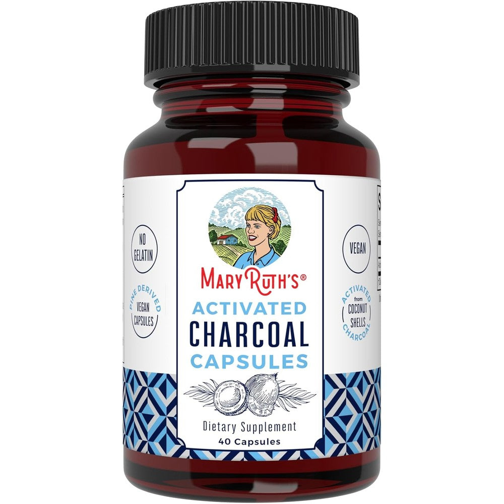MaryRuth Organics Activated Charcoal 40 Vegan Capsules front view bottle for digestive comfort
