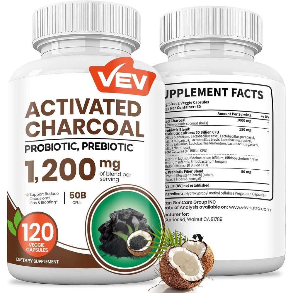VEV Activated Charcoal 120 vegetarian capsules front view bottle showing digestive health benefits.