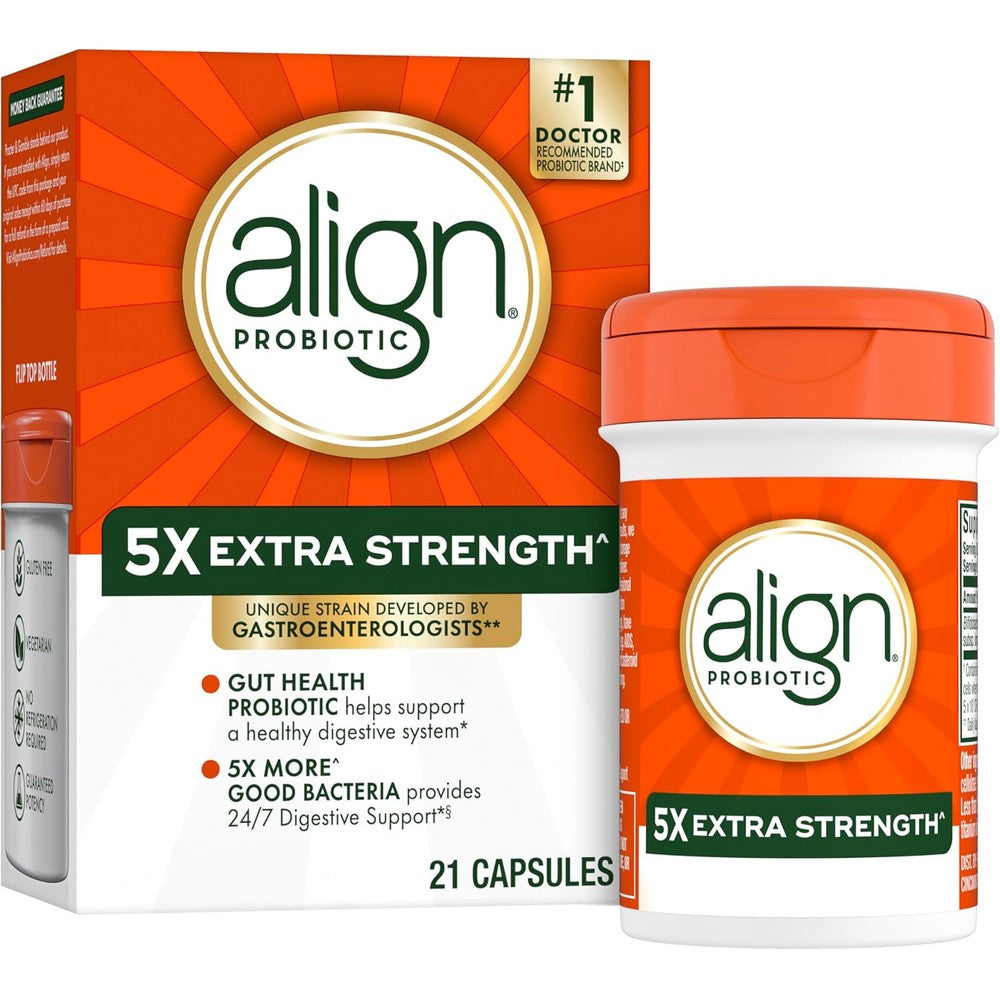 Align Extra Strength Probiotic 21 Capsules front view showing packaging details for gut health.