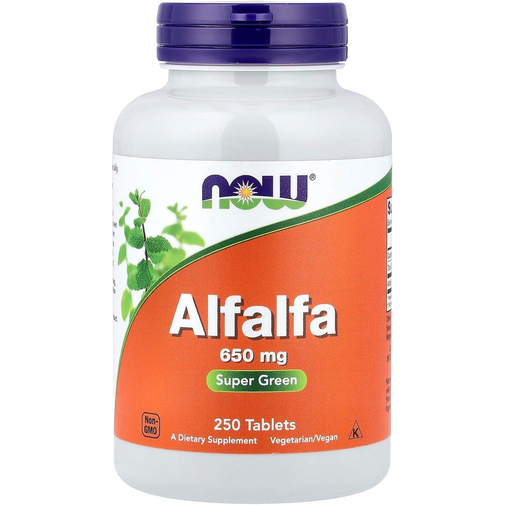 Now Foods Alfalfa 650mg 250 Tablets front view green superfood supplement