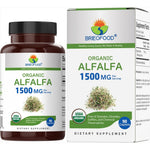 Brieofood Organic Alfalfa 1500mg 90 vegetarian tablets front label view showcasing certified organic greens supplement.