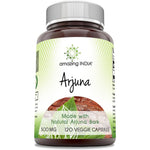 Amazing India Arjuna 500mg supplement 120 vegetarian capsules front view bottle for cardiovascular health support.
