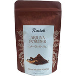 Raslok Natural Arjuna Powder 3.52 Ounces packaging front view showing authentic imported Ayurvedic supplement details.