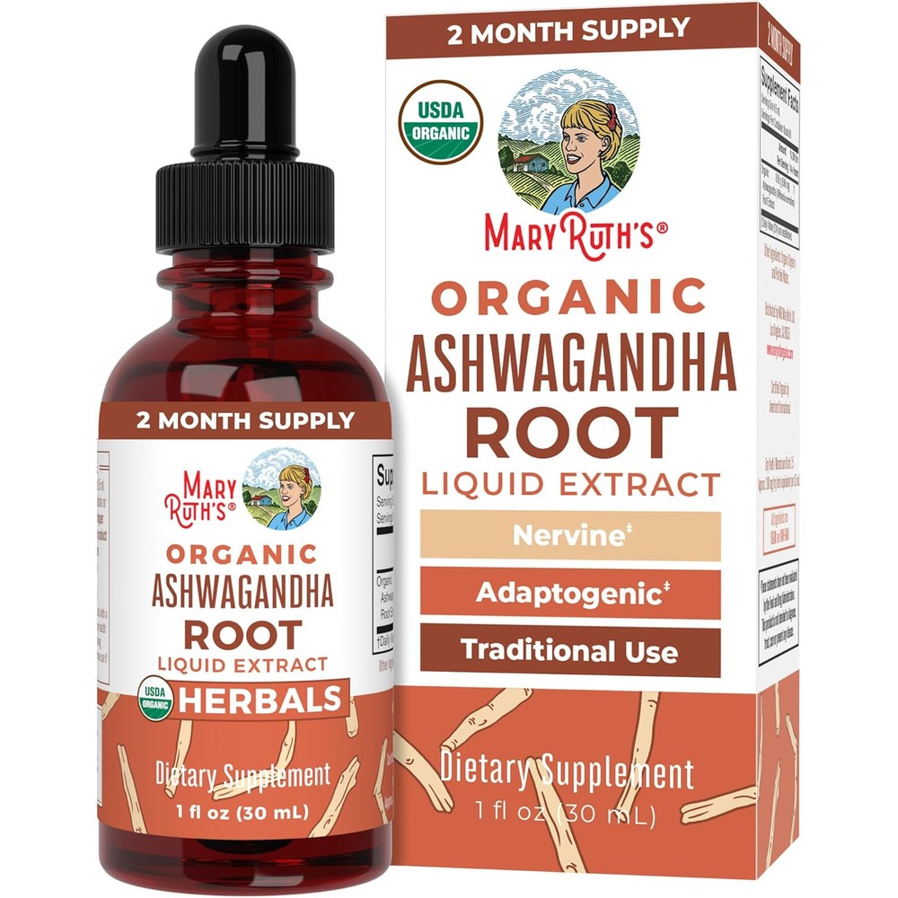 MaryRuth Organics ashwagandha root liquid drops front view bottle with dropper