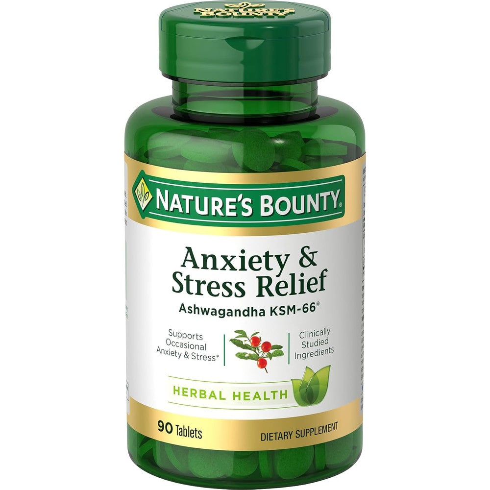 Nature's Bounty Anxiety and Stress Relief 90 vegetarian tablets front bottle view for daily mood support.