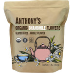 Anthony's Organic Chamomile Flowers sixteen ounce front packaging view showing organic loose leaf herbal tea details.