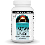 Source Naturals Lactase Digest 180 vegetarian capsules front bottle view for lactose intolerance relief.