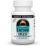 Source Naturals Lactase Digest 45 Vegetarian Capsules front bottle label showing enzyme supplement for lactose intolerance support.