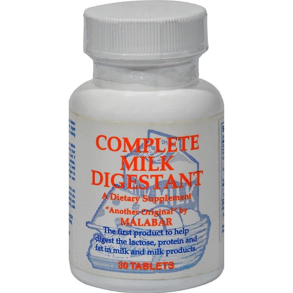 Malabar Formulations Complete Milk Digestant 30 Tablets front bottle view for dairy lactose relief.