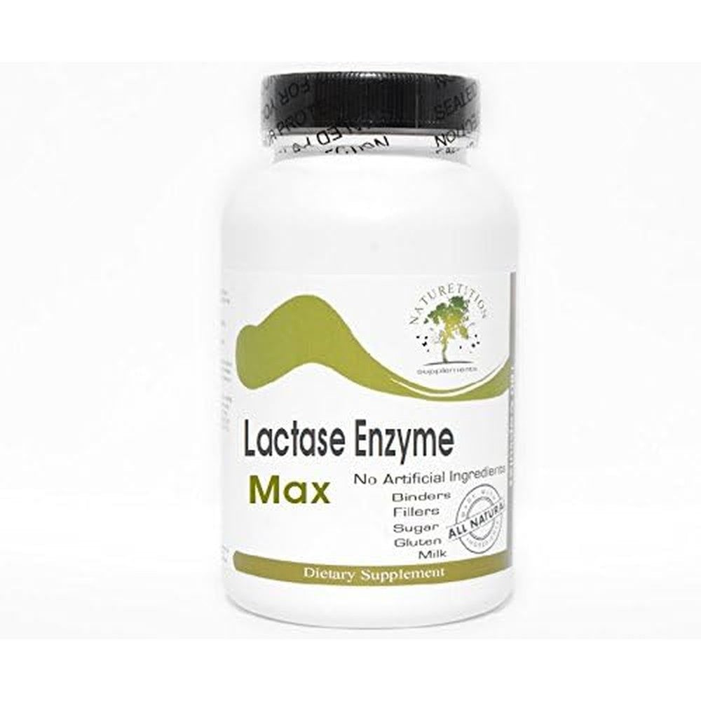 Naturetition Supplements Lactase Enzyme Max front view bottle for dairy digestion support.