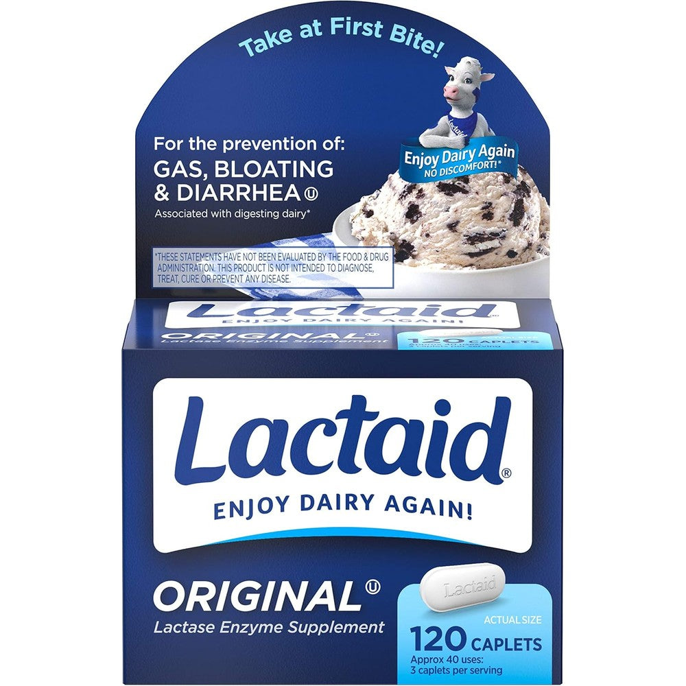 Lactaid Original Strength Lactase Enzyme Supplement 120 Caplets front packaging view