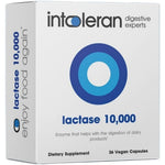 Intoleran Lactase 10000 FCC Digestive Enzymes front view packaging for lactose intolerance relief.