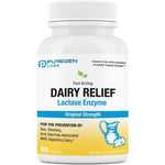 Puregen Labs Dairy Relief Lactase Enzyme bottle front view showcasing ninety fast acting caplets packaging