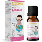 Kiddivit Lactase Kids Drops front view of the one fluid ounce amber glass bottle showing the packaging and built in dropper for lactose digestion support.