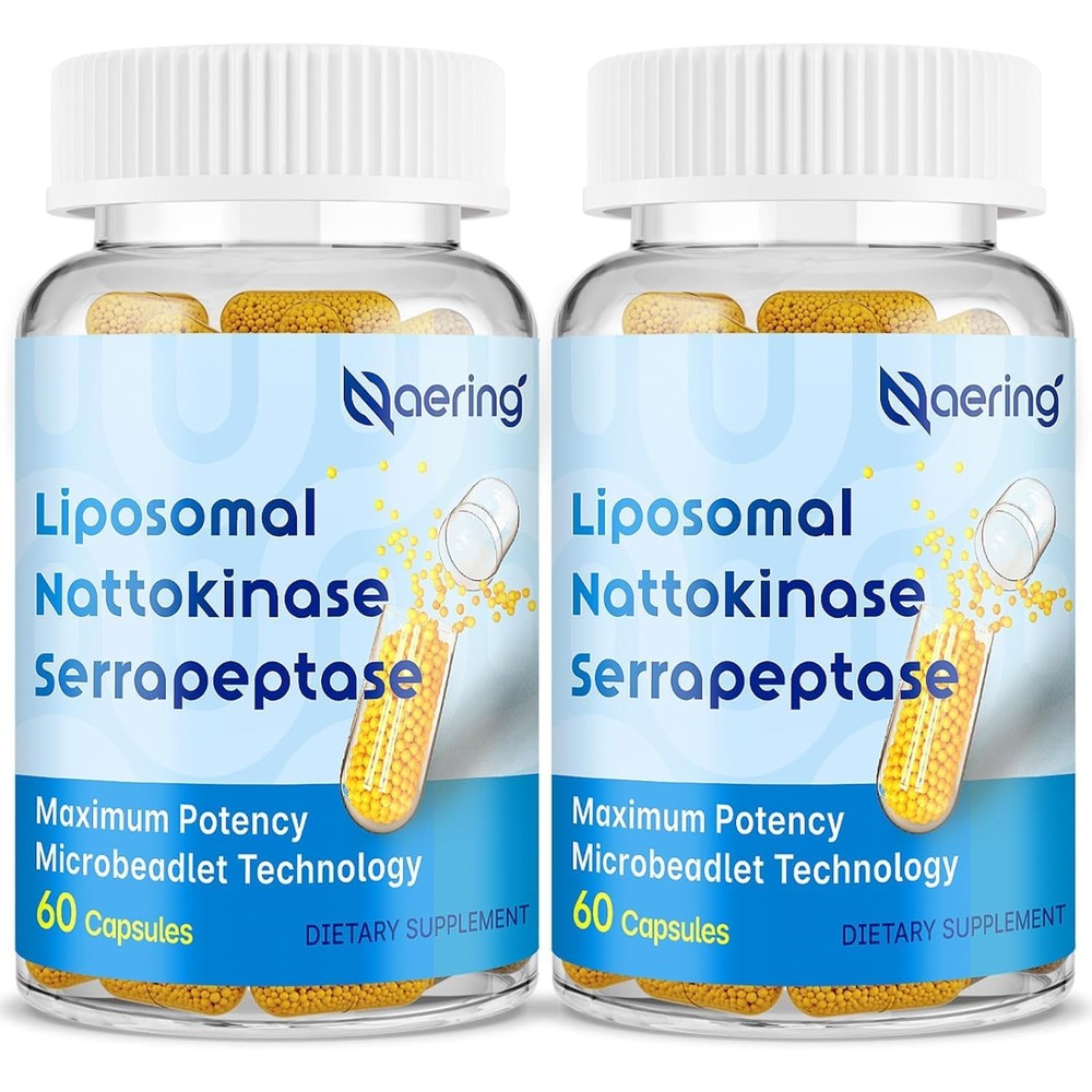 Naering Liposomal Nattokinase and Serrapeptase supplement bottle front view showcasing cardiovascular health benefits.