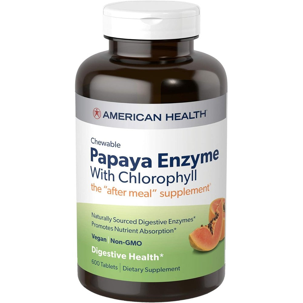 American Health Chewable Papaya Enzyme with Chlorophyll 600 Count bottle front view showing digestive support labels.