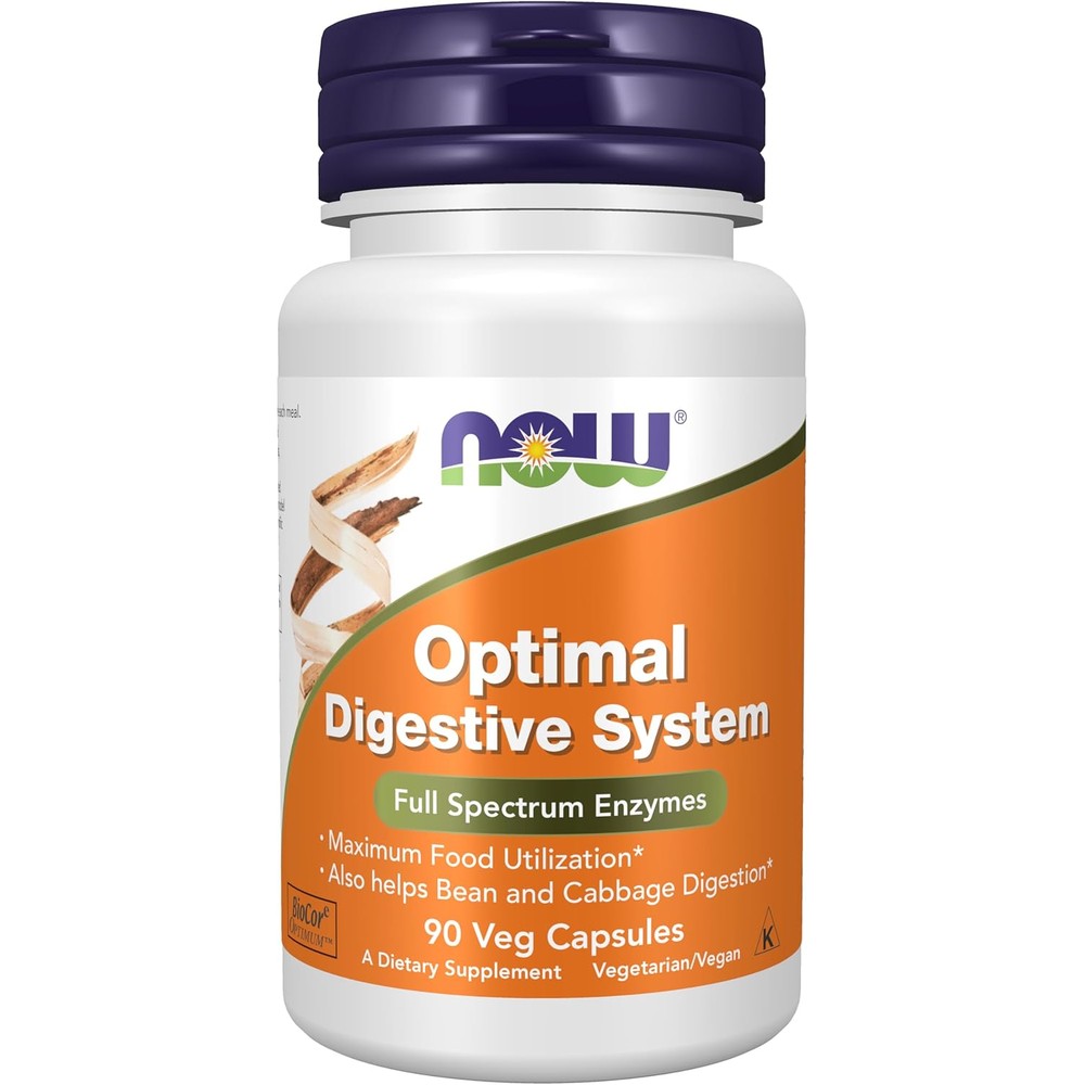 NOW Foods Optimal Digestive System 90 vegetarian capsules front bottle view showing full spectrum enzymes formula.