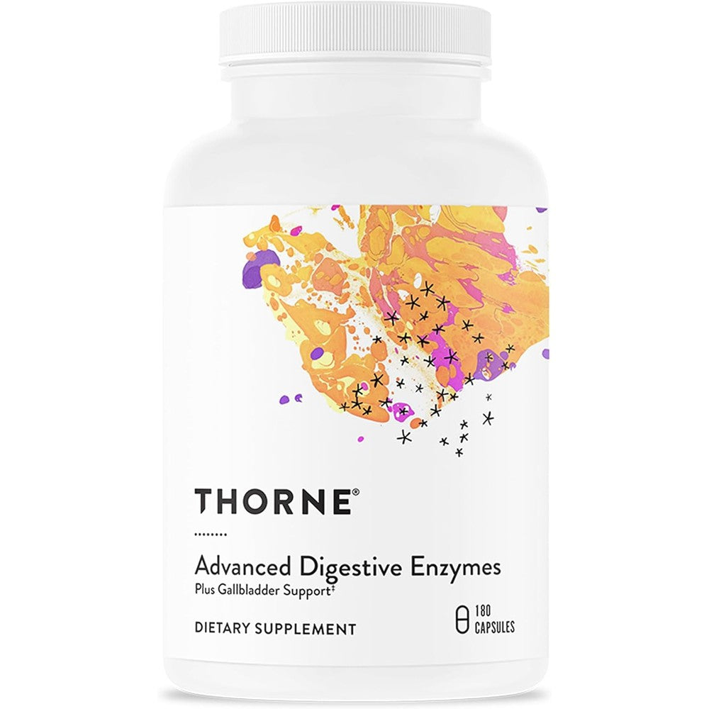 Thorne Advanced Digestive Enzymes 180 capsules bottle front view showing clean premium white label design