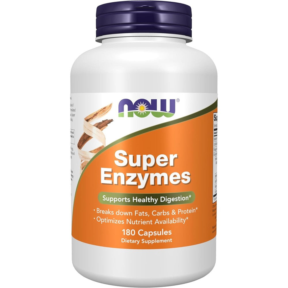 NOW Foods Super Enzymes 180 Capsules front label view showing authentic digestive support formula.