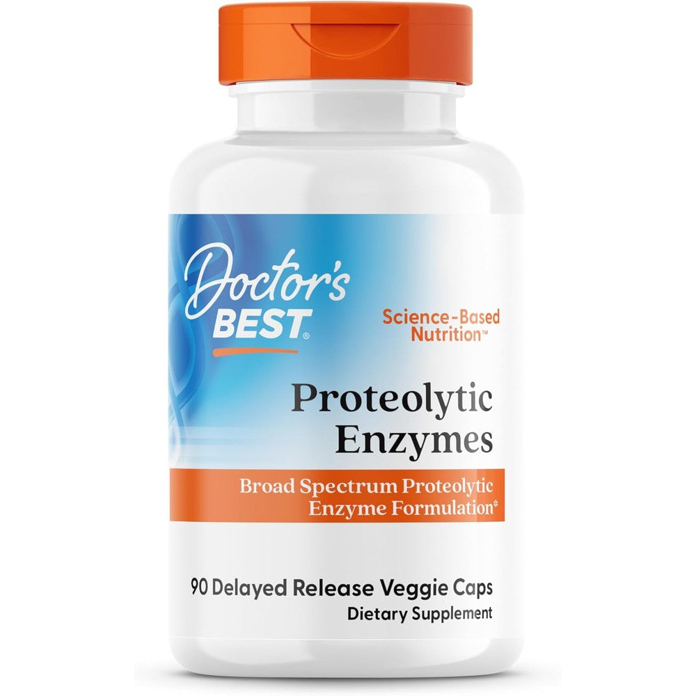 Doctor's Best Proteolytic Enzymes 90 capsules front view bottle showing broad spectrum digestive support formula