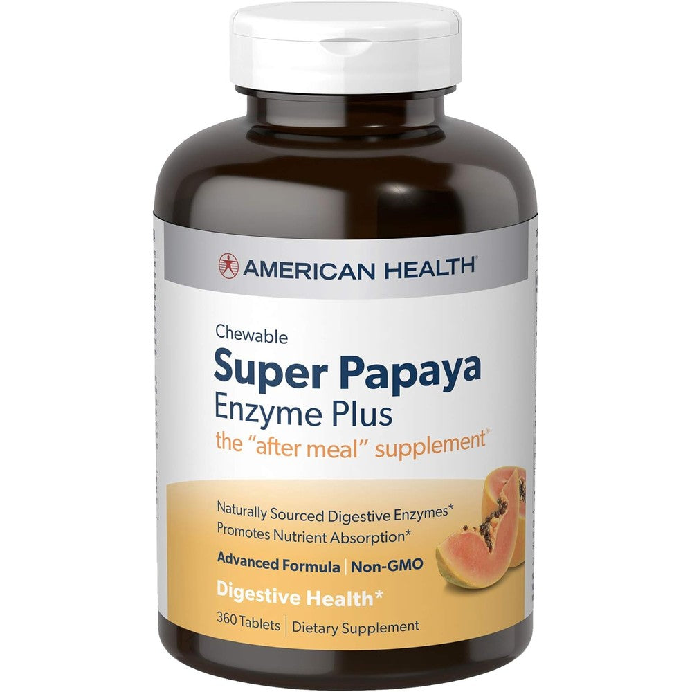 American Health Super Papaya Enzyme Plus 360 chewable tablets front bottle view showing original digestive enzyme formula.