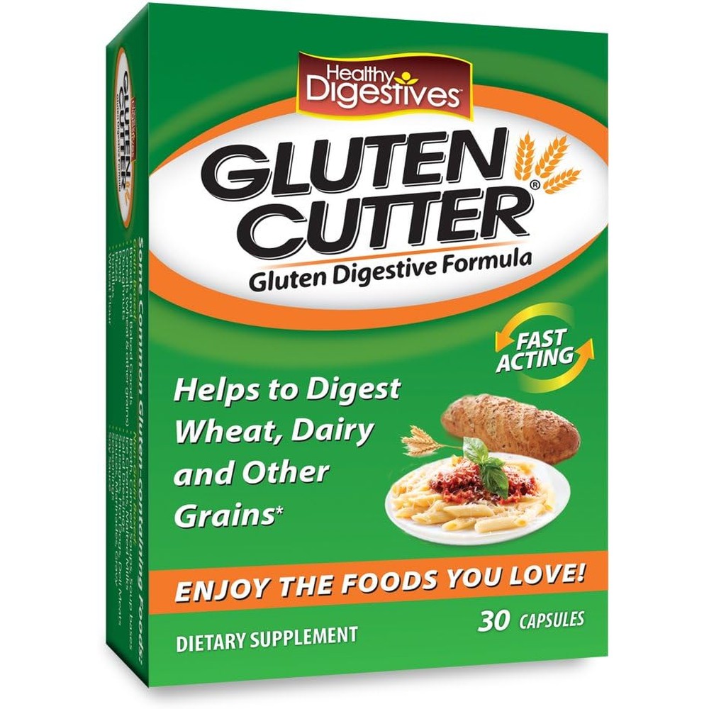 Healthy Delights Healthy Digestives Gluten Cutter front view canister showing enzyme formula details for gluten digestion.