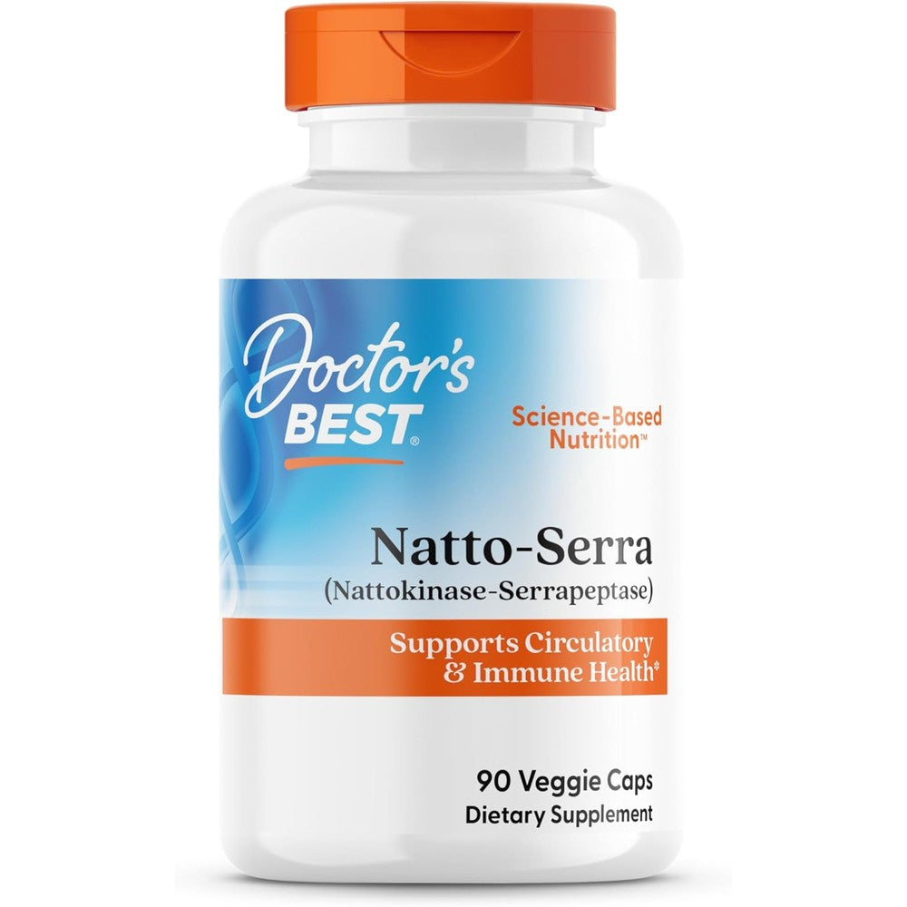 Doctor's Best Natto-Serra 90 vegetarian capsules bottle front view showing circulatory and immune health benefits.