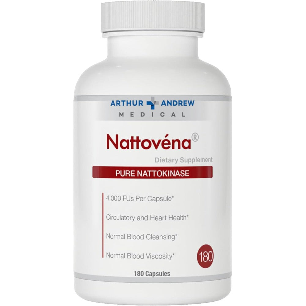 Arthur Andrew Medical Nattovena Pure Nattokinase 180 capsules front bottle view showing premium circulatory support packaging.